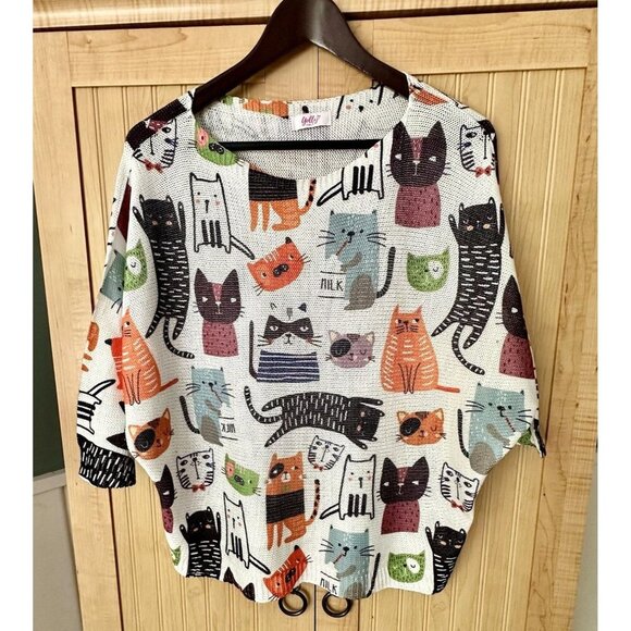 Yolly Italy Sweaters - Yolly Italy Lightweight Knit Summer Sweater Dolman Top Kitty Cat Lady Artsy Sz?